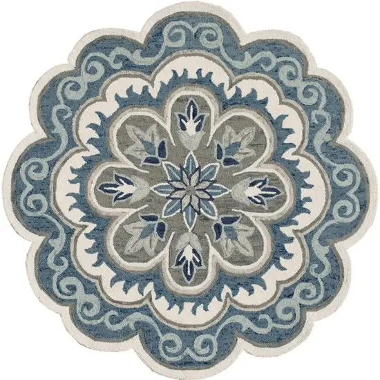 Blue Round Wool Floral Hand Tufted Area Rug Photo 3