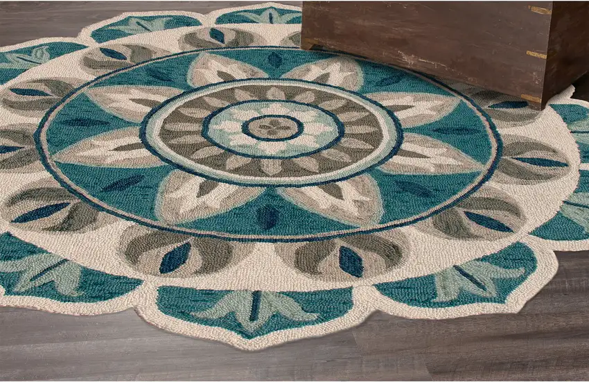 Blue Round Wool Floral Hand Tufted Area Rug Photo 3