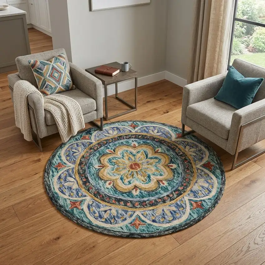6' X 6' Blue Round Wool Floral Hand Tufted Area Rug Photo 1