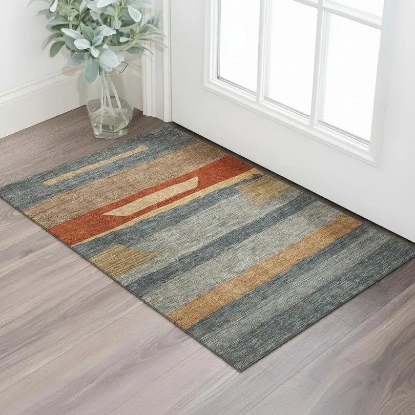 Blue Rust And Gold Striped Washable Area Rug With UV Protection Photo 2