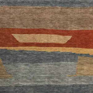 Photo of Blue Rust And Gold Striped Washable Area Rug With UV Protection