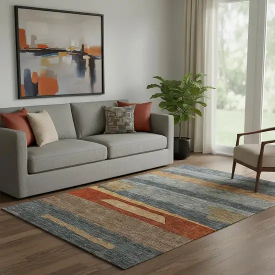 Blue Rust And Gold Striped Washable Area Rug With UV Protection Photo 2