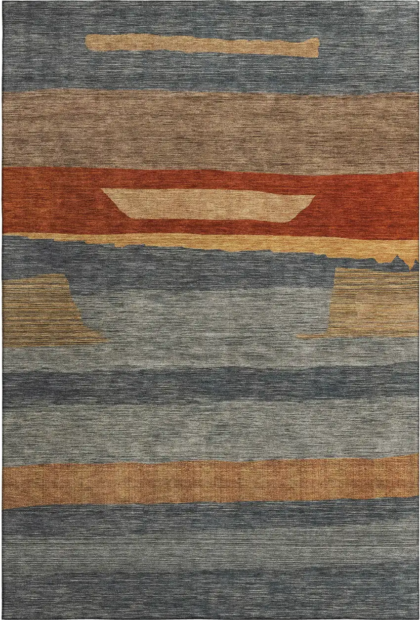 Blue Rust And Gold Striped Washable Area Rug With UV Protection Photo 1