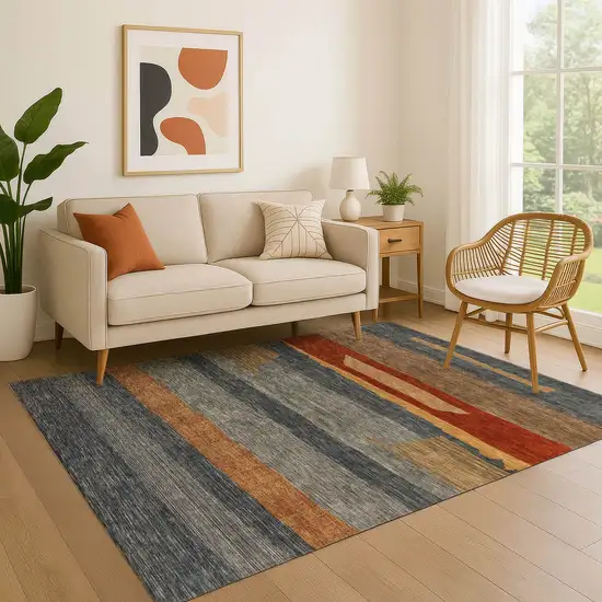 Blue Rust And Gold Striped Washable Area Rug With UV Protection Photo 4