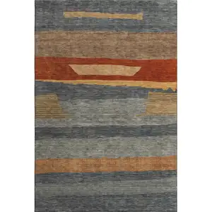 Photo of Blue Rust And Gold Striped Washable Area Rug With UV Protection