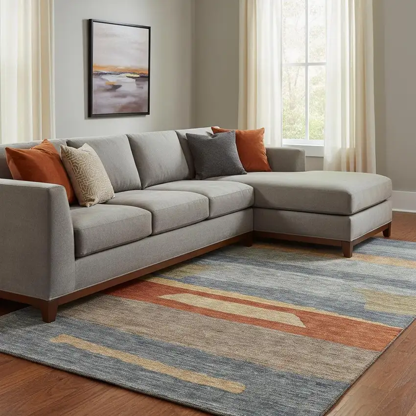 Blue Rust And Gold Striped Washable Area Rug With UV Protection Photo 1