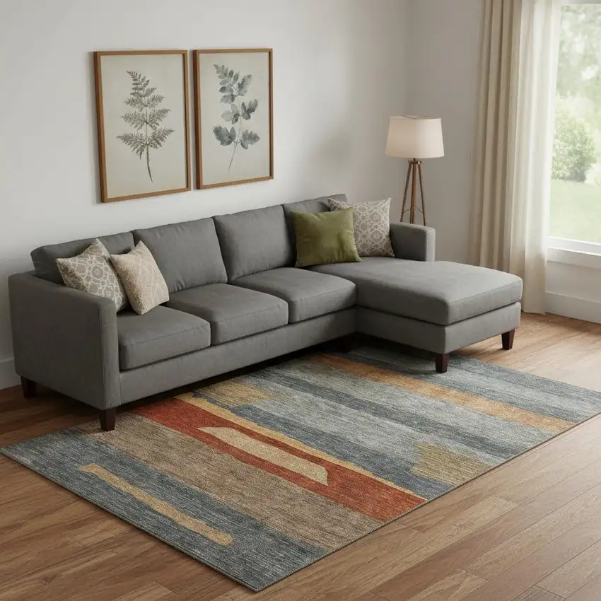 Blue Rust And Gold Striped Washable Area Rug With UV Protection Photo 2