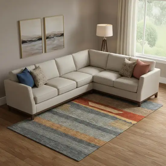 Blue Rust And Gold Striped Washable Area Rug With UV Protection Photo 2