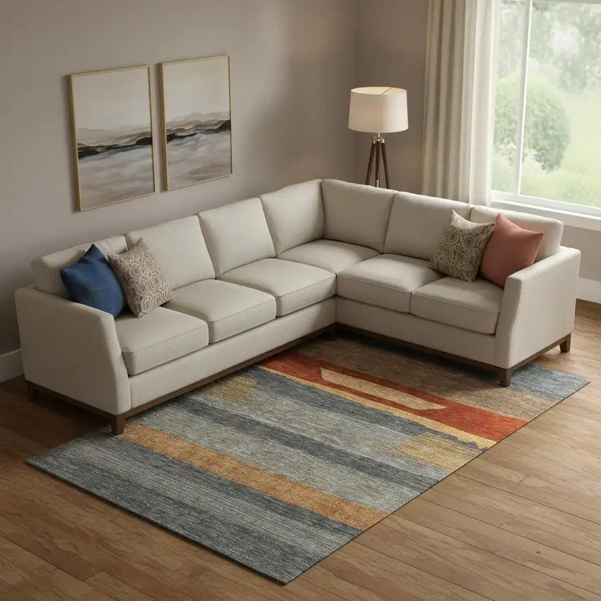 Blue Rust And Gold Striped Washable Area Rug With UV Protection Photo 2