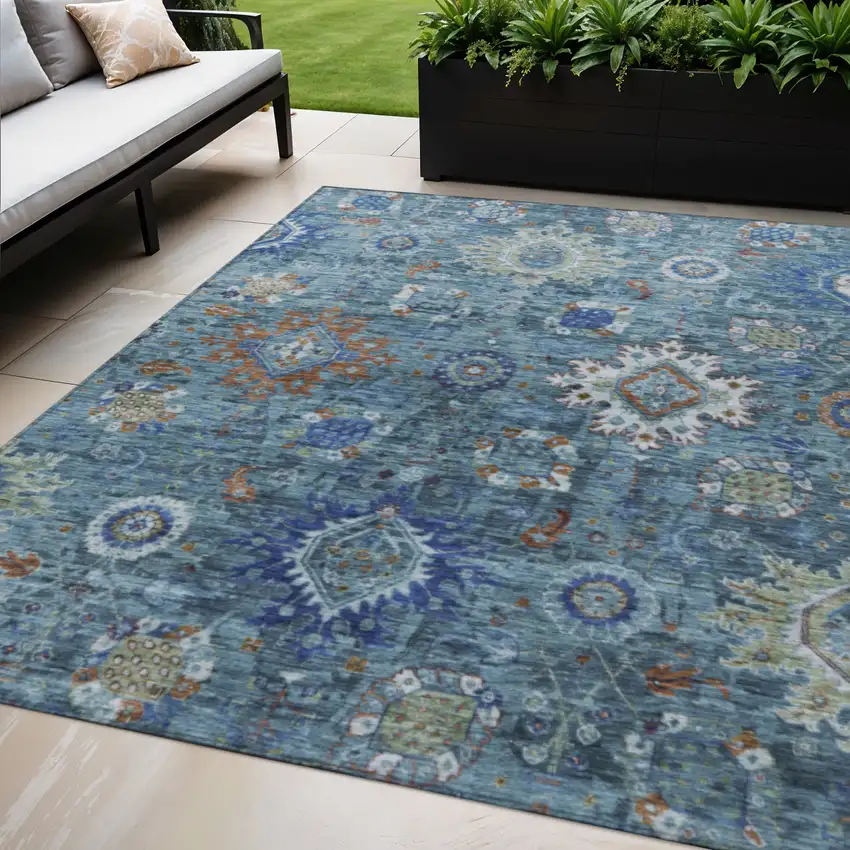 Blue Rust And Gray Floral Medallion Washable Indoor Outdoor Area Rug Photo 2