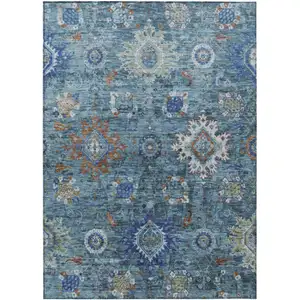 Photo of Blue Rust And Gray Floral Medallion Washable Indoor Outdoor Area Rug