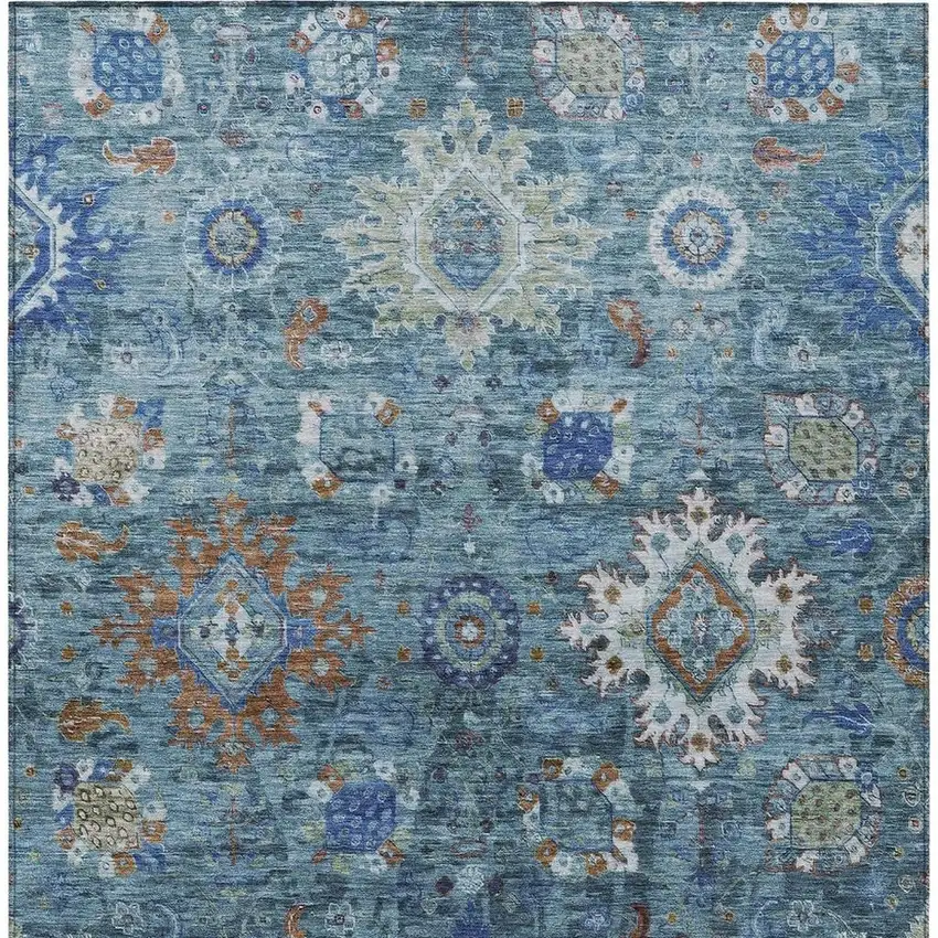 Blue Rust And Gray Floral Medallion Washable Indoor Outdoor Area Rug Photo 4