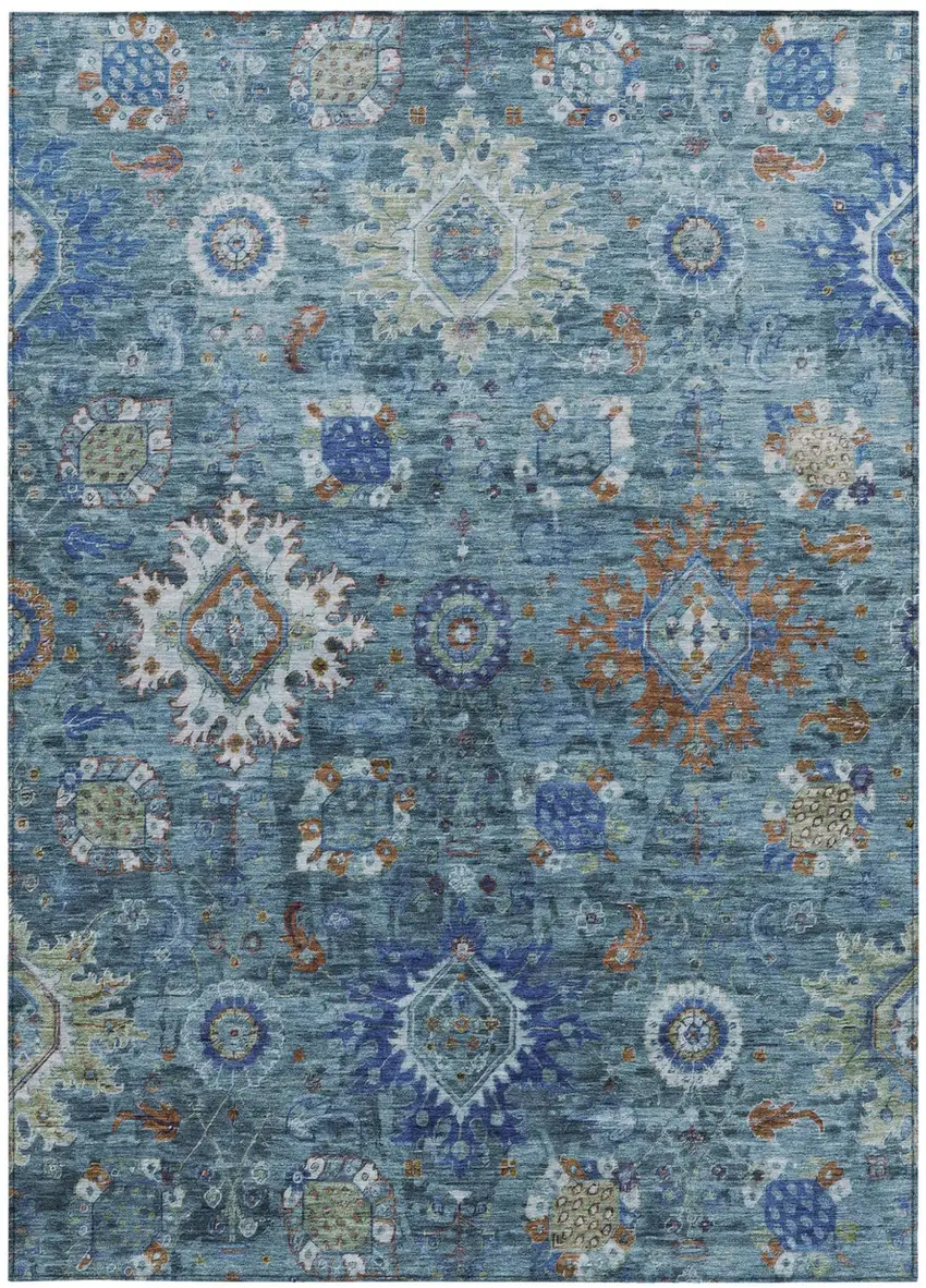 Blue Rust And Gray Floral Medallion Washable Indoor Outdoor Area Rug Photo 4