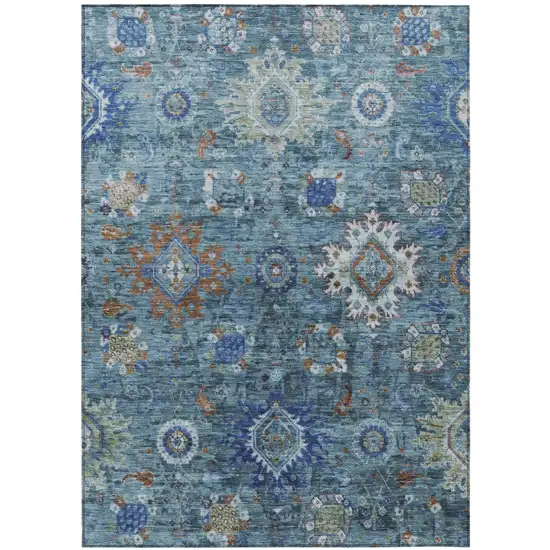 Blue Rust And Gray Floral Medallion Washable Indoor Outdoor Area Rug Photo 2