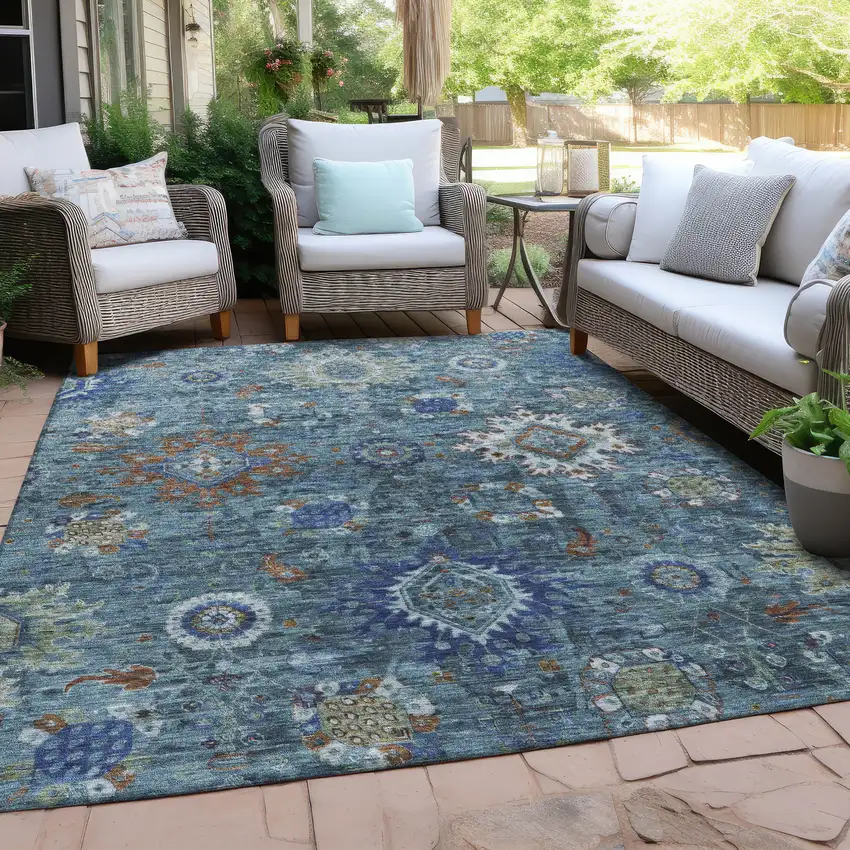 Blue Rust And Gray Floral Medallion Washable Indoor Outdoor Area Rug Photo 5