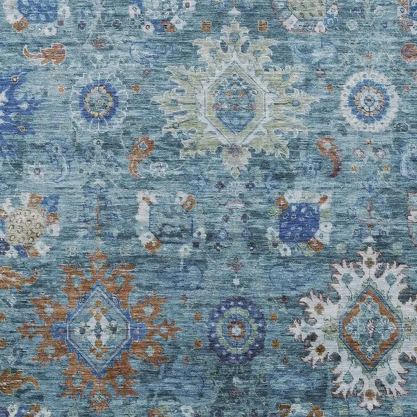 Blue Rust And Gray Floral Medallion Washable Indoor Outdoor Area Rug Photo 3