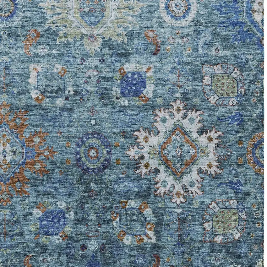 Blue Rust And Gray Floral Medallion Washable Indoor Outdoor Area Rug Photo 6