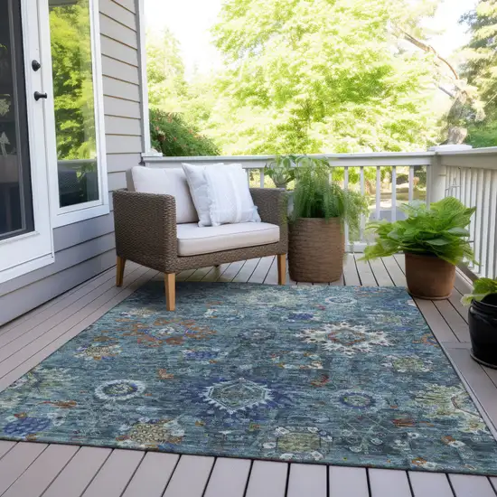 Blue Rust And Gray Floral Medallion Washable Indoor Outdoor Area Rug Photo 8