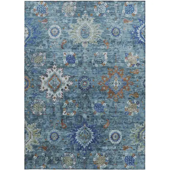 Blue Rust And Gray Floral Medallion Washable Indoor Outdoor Area Rug Photo 4