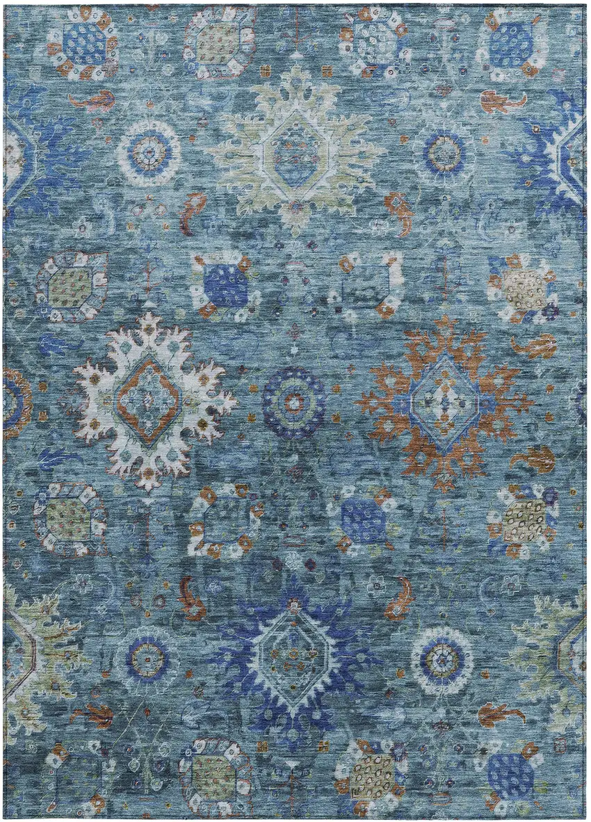 Blue Rust And Gray Floral Medallion Washable Indoor Outdoor Area Rug Photo 4