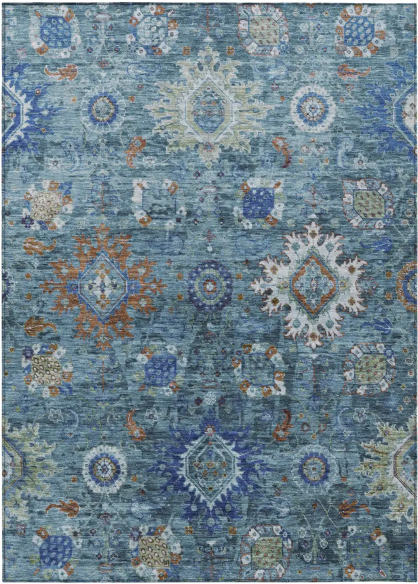 Blue Rust And Gray Floral Medallion Washable Indoor Outdoor Area Rug Photo 1
