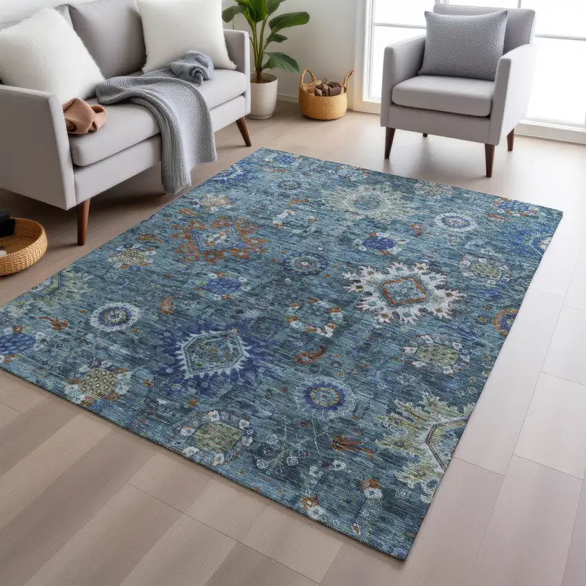 Blue Rust And Gray Floral Medallion Washable Indoor Outdoor Area Rug Photo 6