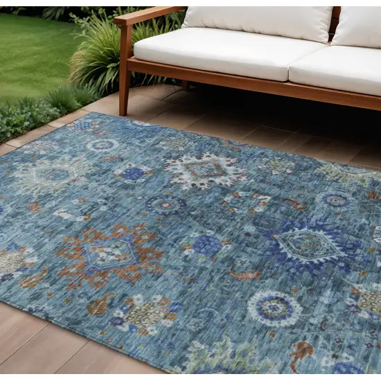 Blue Rust And Gray Floral Medallion Washable Indoor Outdoor Area Rug Photo 2