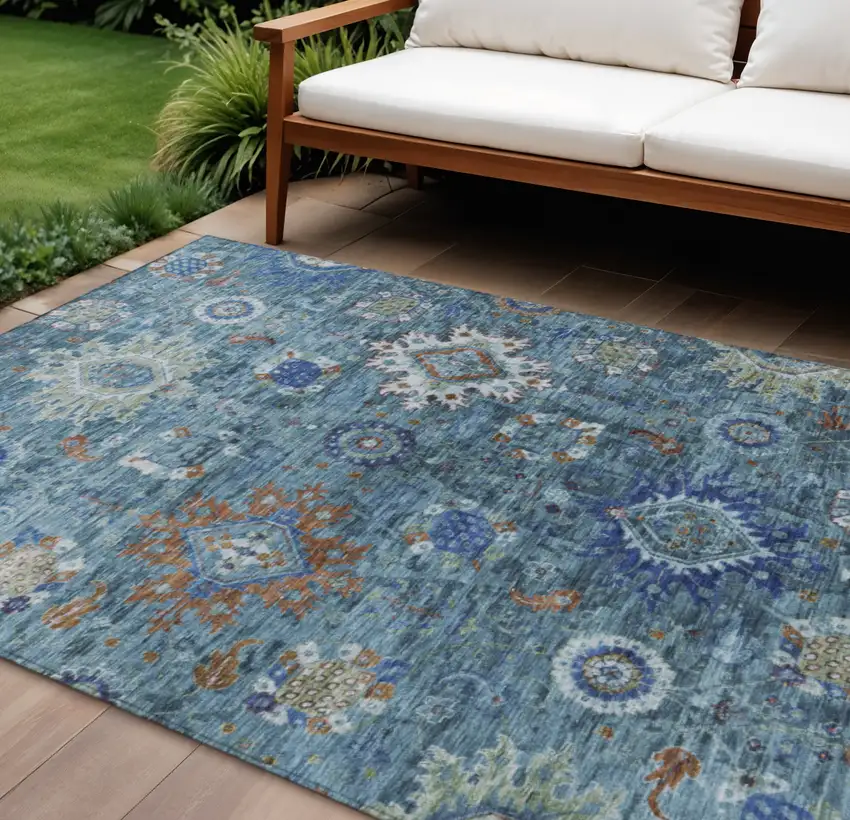 Blue Rust And Gray Floral Medallion Washable Indoor Outdoor Area Rug Photo 2