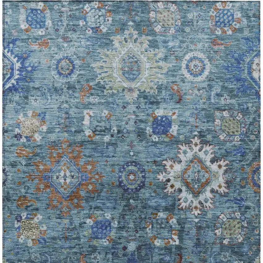 Blue Rust And Gray Floral Medallion Washable Indoor Outdoor Area Rug Photo 6