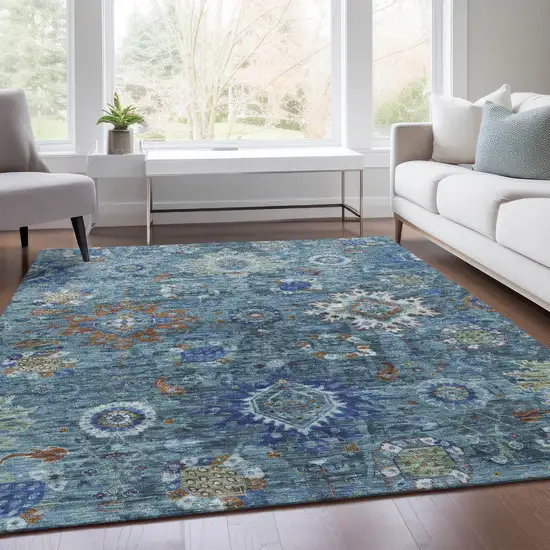 Blue Rust And Gray Floral Medallion Washable Indoor Outdoor Area Rug Photo 7