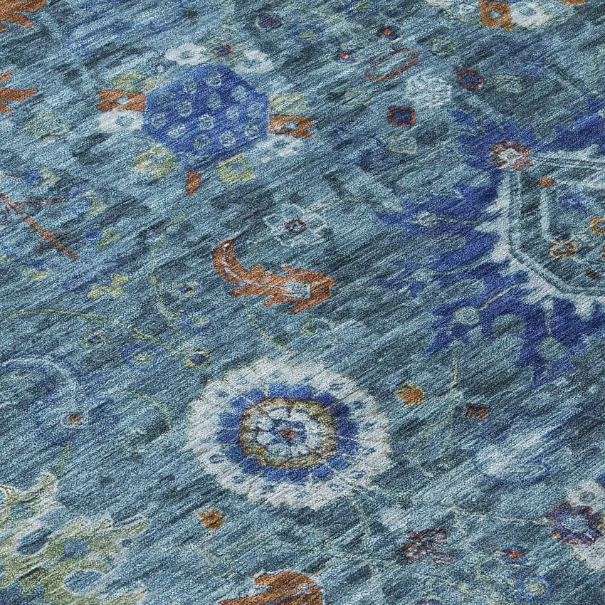 Blue Rust And Gray Floral Medallion Washable Indoor Outdoor Area Rug Photo 7