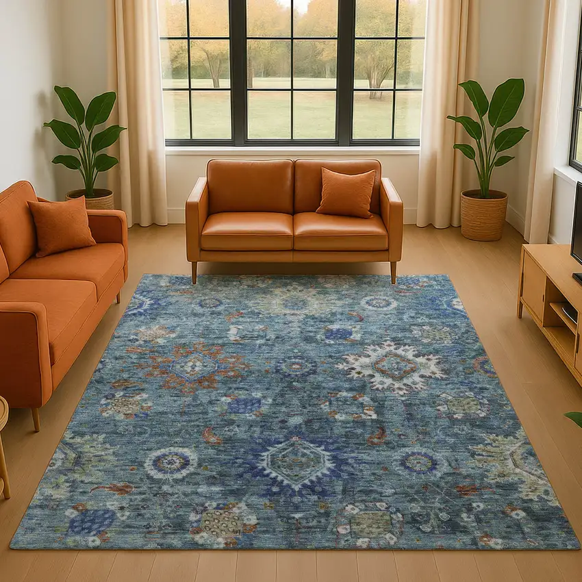 Blue Rust And Ivory Oriental Washable Area Rug With UV Protection Photo 5