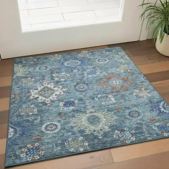 Blue Rust And Ivory Oriental Washable Area Rug With UV Protection Photo 2