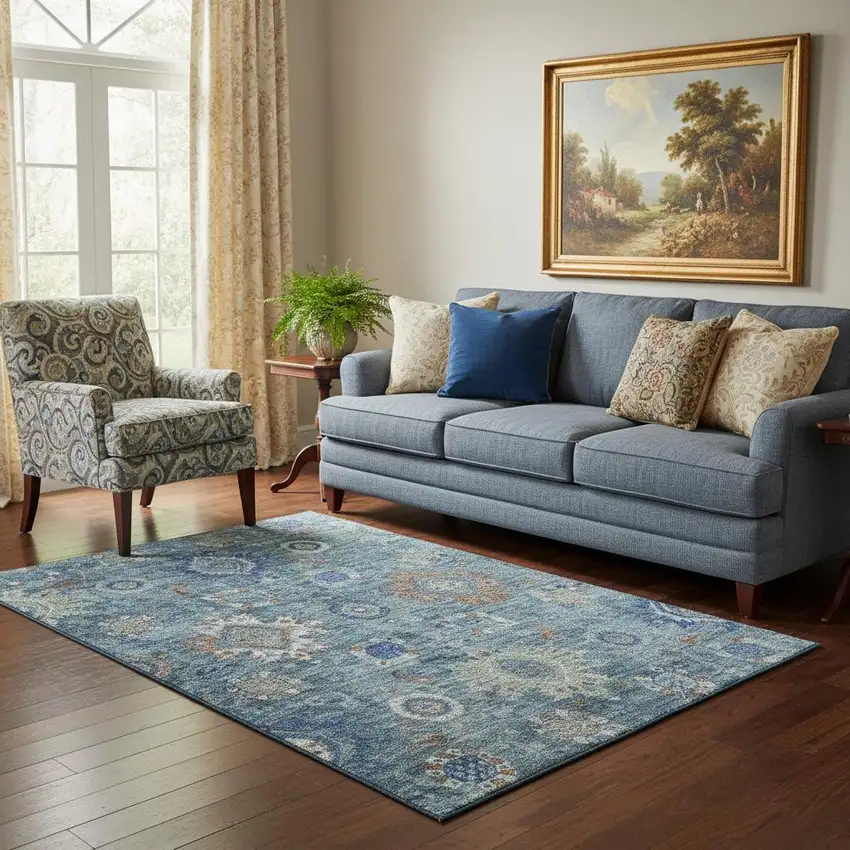 Blue Rust And Ivory Oriental Washable Area Rug With UV Protection Photo 2