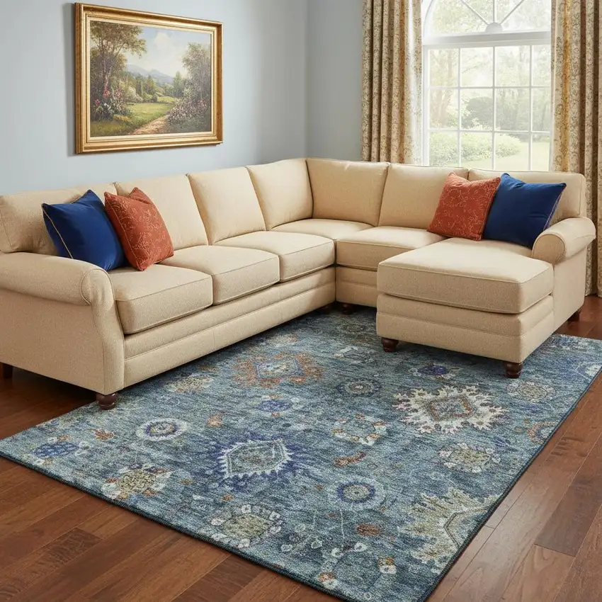 Blue Rust And Ivory Oriental Washable Area Rug With UV Protection Photo 2