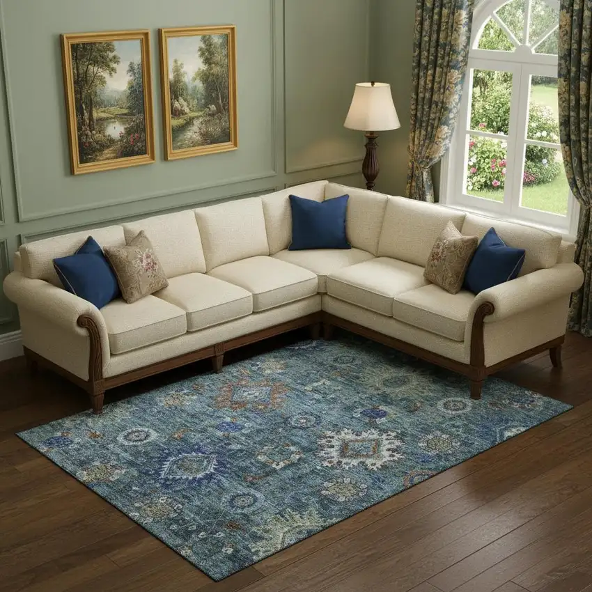 Blue Rust And Ivory Oriental Washable Area Rug With UV Protection Photo 2