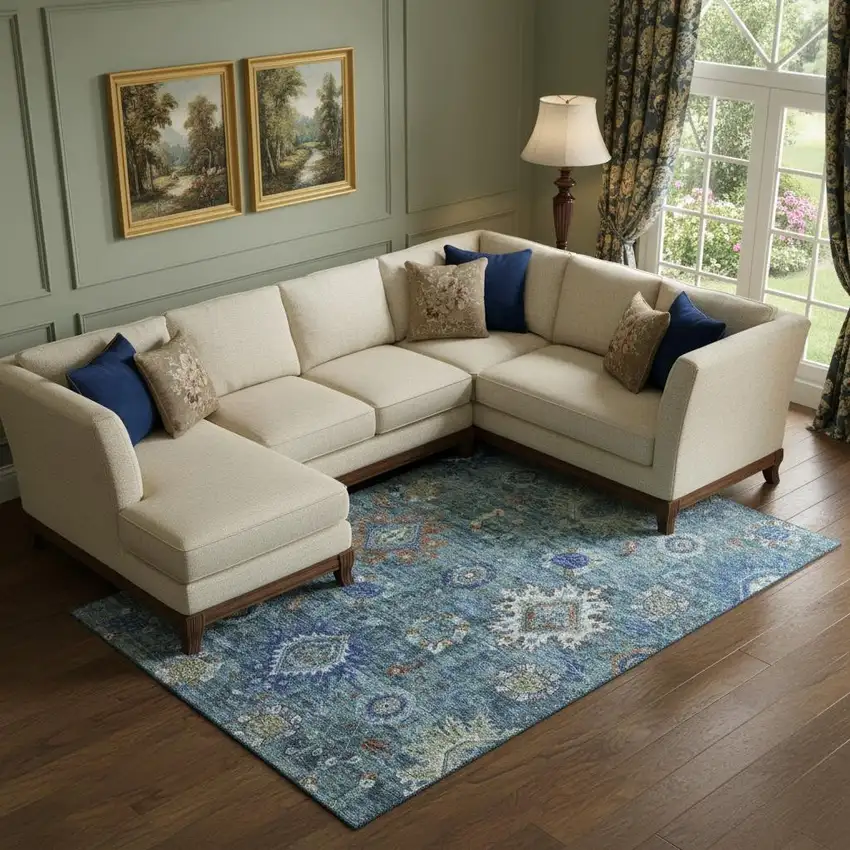 Blue Rust And Ivory Oriental Washable Area Rug With UV Protection Photo 2