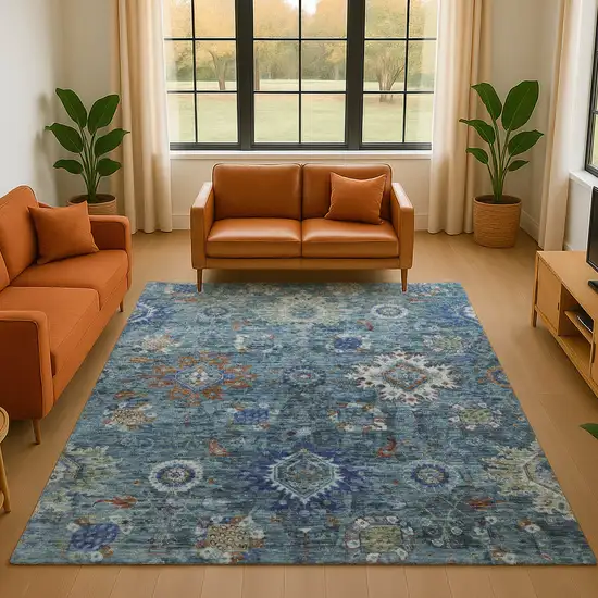 Blue Rust And Ivory Oriental Washable Area Rug With UV Protection Photo 5