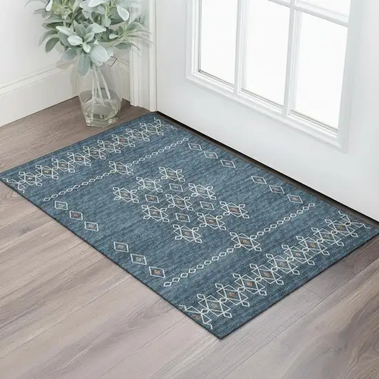 Blue Rust And Ivory Tribal Washable Area Rug With UV Protection Photo 1