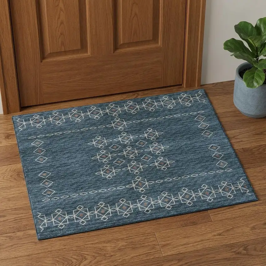 Blue Rust And Ivory Tribal Washable Area Rug With UV Protection Photo 1