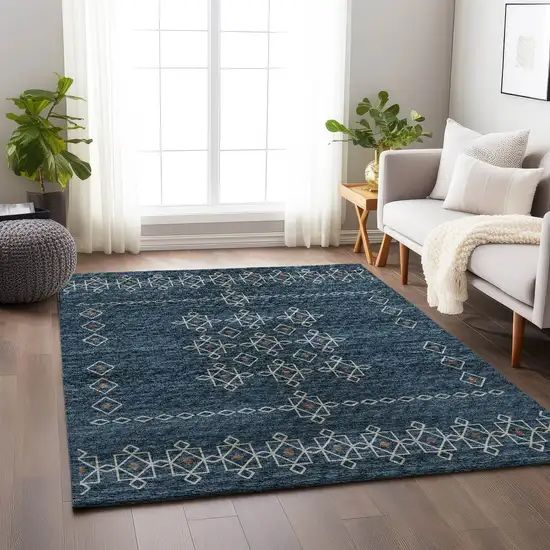 Blue Rust And Ivory Tribal Washable Area Rug With UV Protection Photo 6