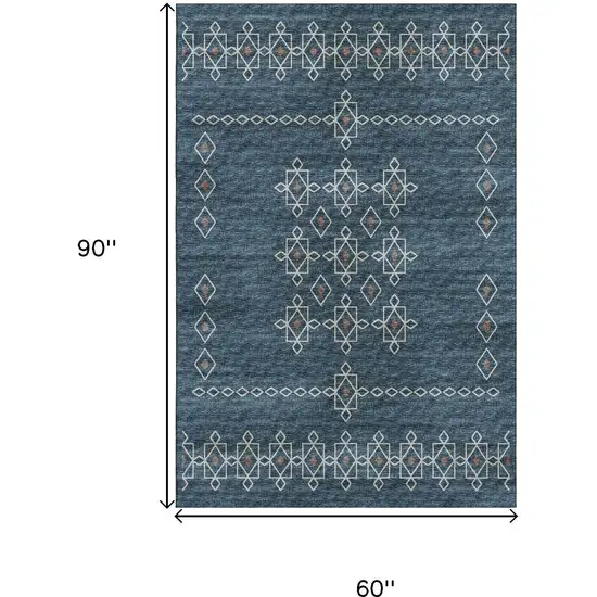 Blue Rust And Ivory Tribal Washable Area Rug With UV Protection Photo 3