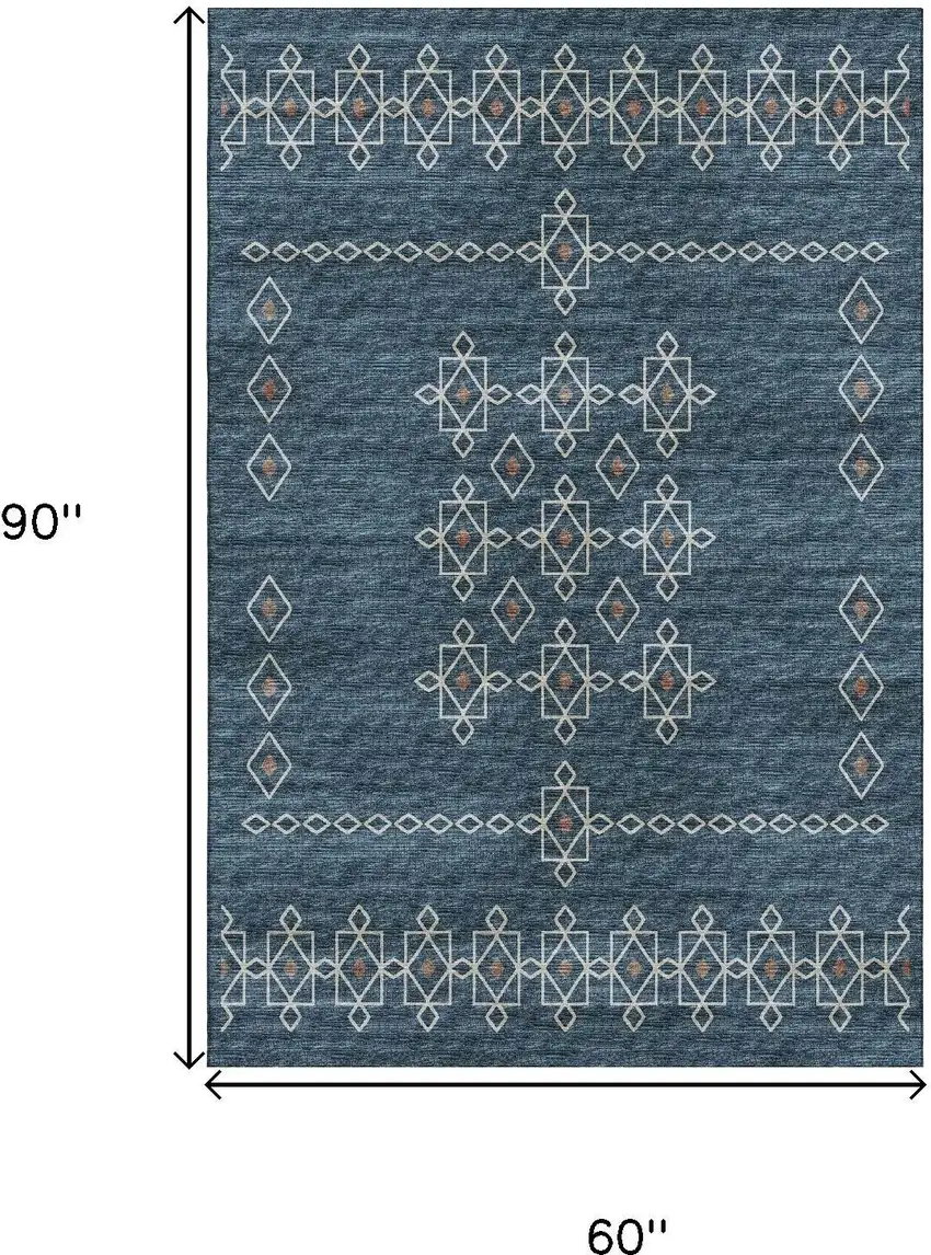 Blue Rust And Ivory Tribal Washable Area Rug With UV Protection Photo 3