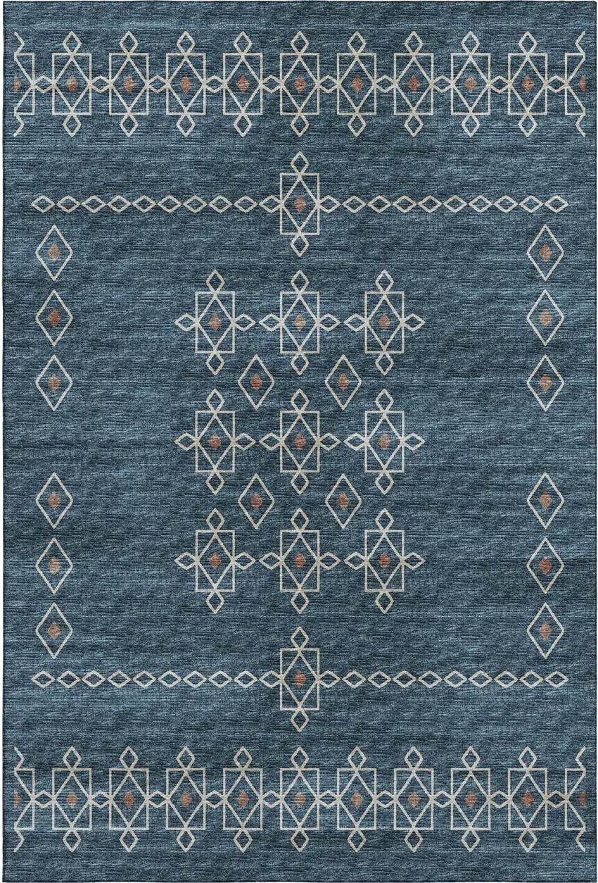 Blue Rust And Ivory Tribal Washable Area Rug With UV Protection Photo 2