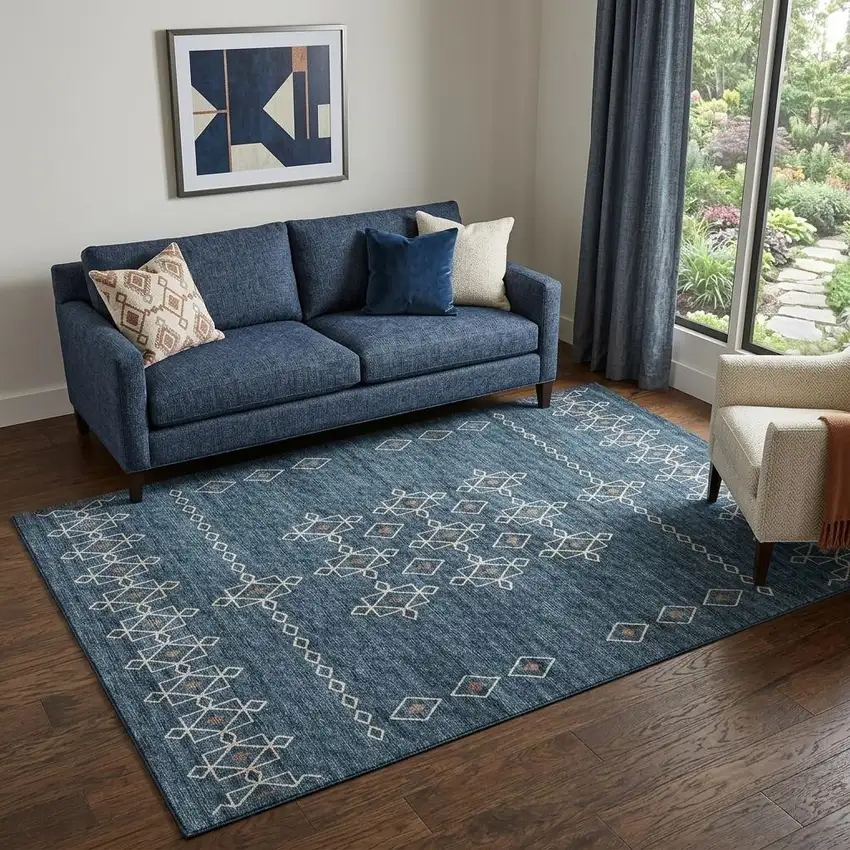 Blue Rust And Ivory Tribal Washable Area Rug With UV Protection Photo 1