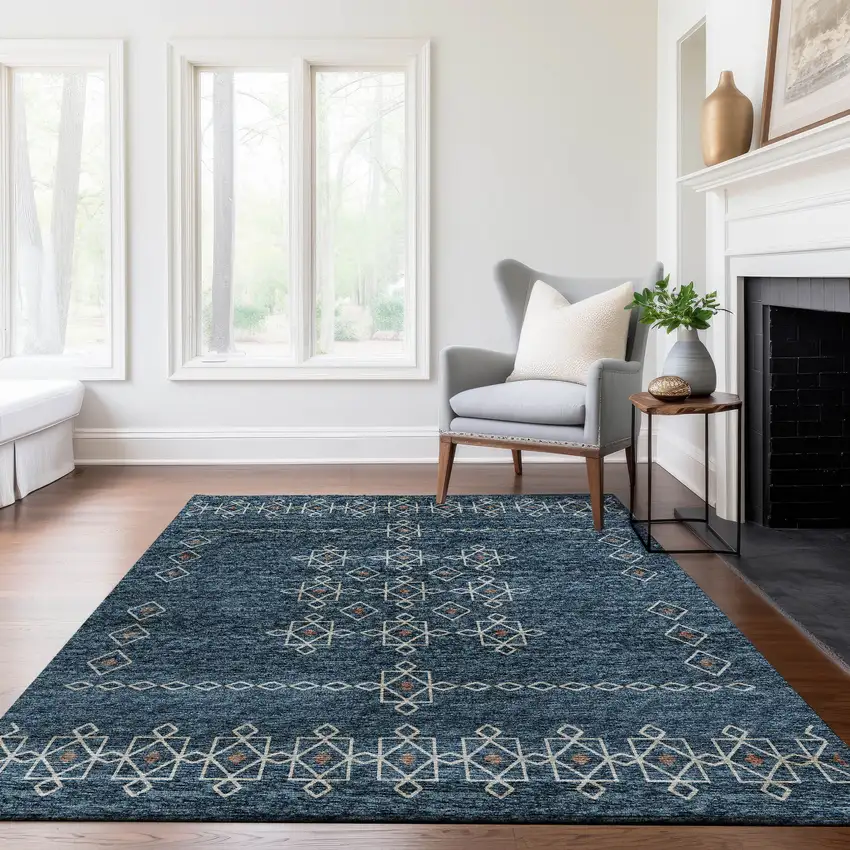 Blue Rust And Ivory Tribal Washable Area Rug With UV Protection Photo 7