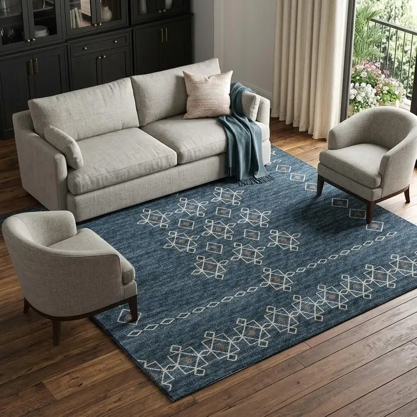 Blue Rust And Ivory Tribal Washable Area Rug With UV Protection Photo 1