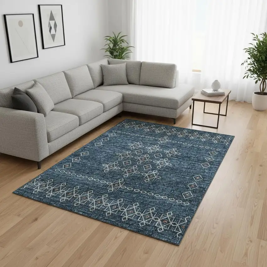 Blue Rust And Ivory Tribal Washable Area Rug With UV Protection Photo 1
