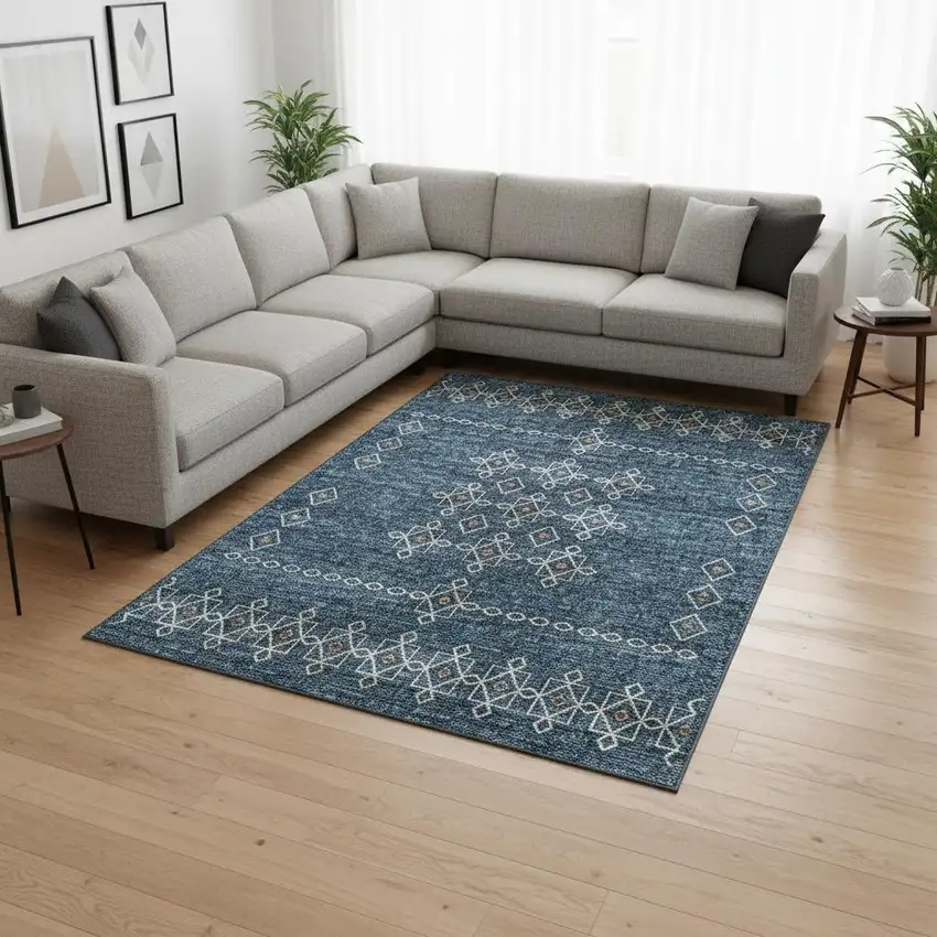 Blue Rust And Ivory Tribal Washable Area Rug With UV Protection Photo 1