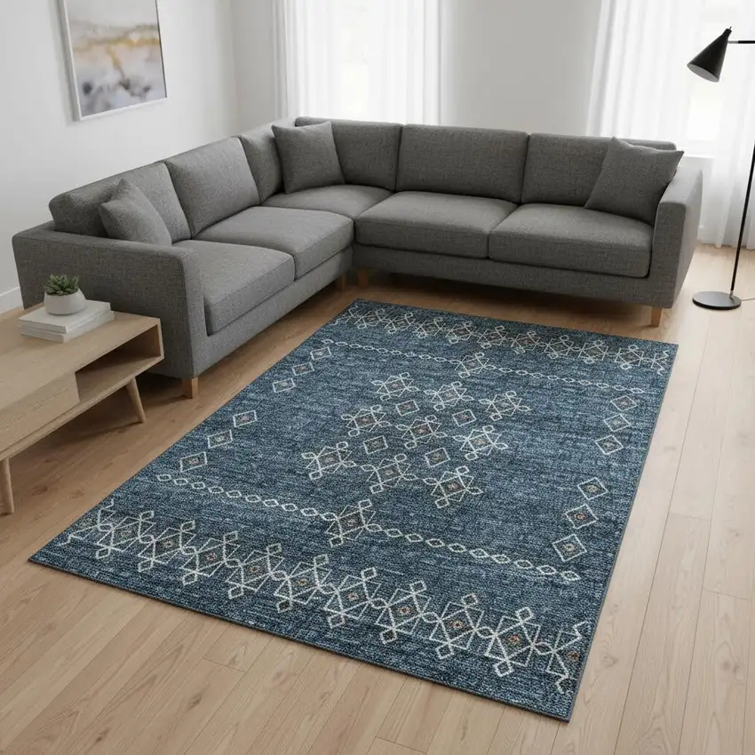 Blue Rust And Ivory Tribal Washable Area Rug With UV Protection Photo 1